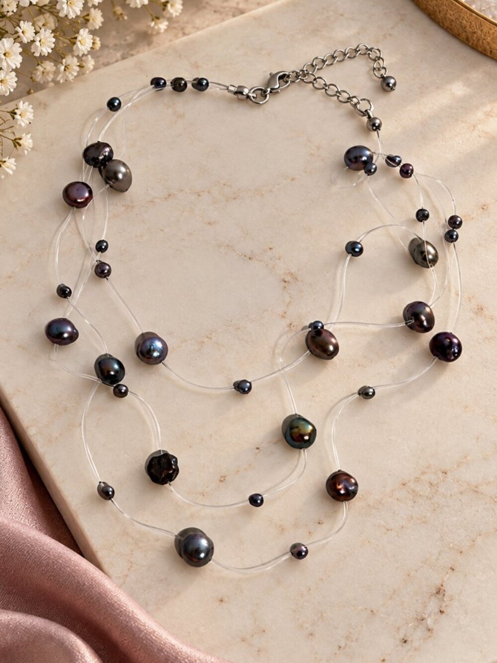 Vintage Black Pearl Floating Illusion Necklace Strand Multi-Layer Statement Chok
